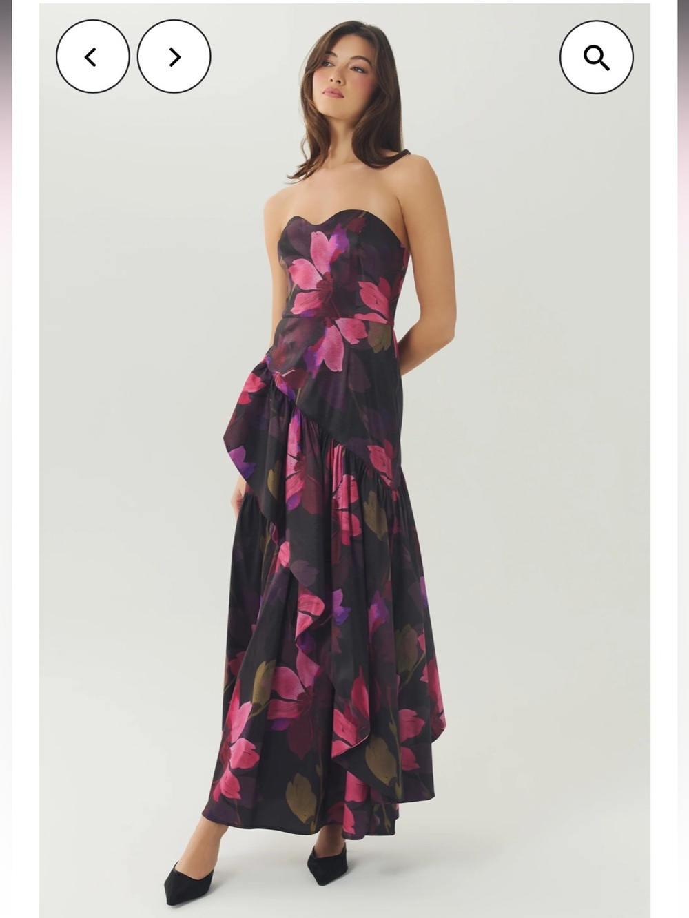 hutch torini black & pink floral satin strapless ruffle maxi gown dress small